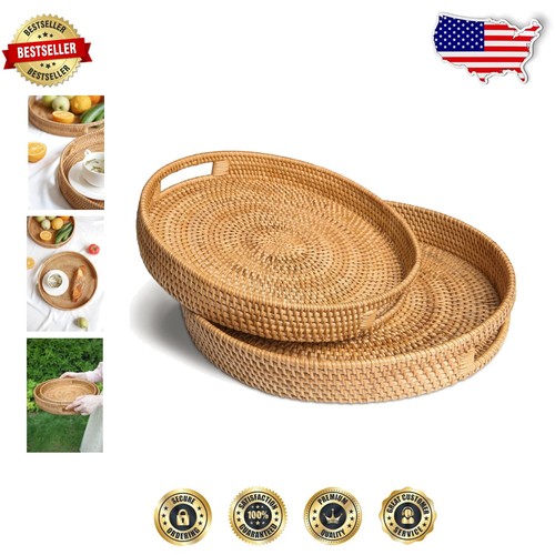 Multi-Functional Hand-Woven Rattan Serving Tray Set for Coffee Table & More