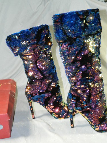 Liliana Xaya 19C Green Hologram Sequins High Heel Above Ankle Boots Sz 9 - Picture 13 of 17