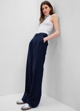 GAP Pleated Soft Linen-Cotton Wide-Leg Navy Blue Pants 12 PETITE 541190 RT 90