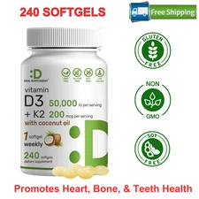 Vitamin D3 50,000 IU + K2 MK7 200 Mcg,240 Softgel, Virgin Coconut Oil, Vitamin D