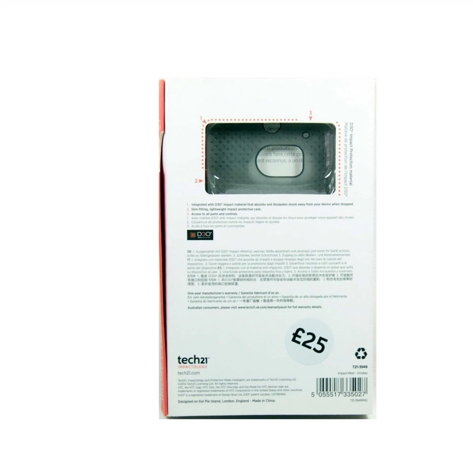 TECH21 CASE HTC ONE M8 IMPACT MESH D3O IMPACT SHOCK ABSORB SLIM SMOKEY T21-3949 - Image 2 of 2