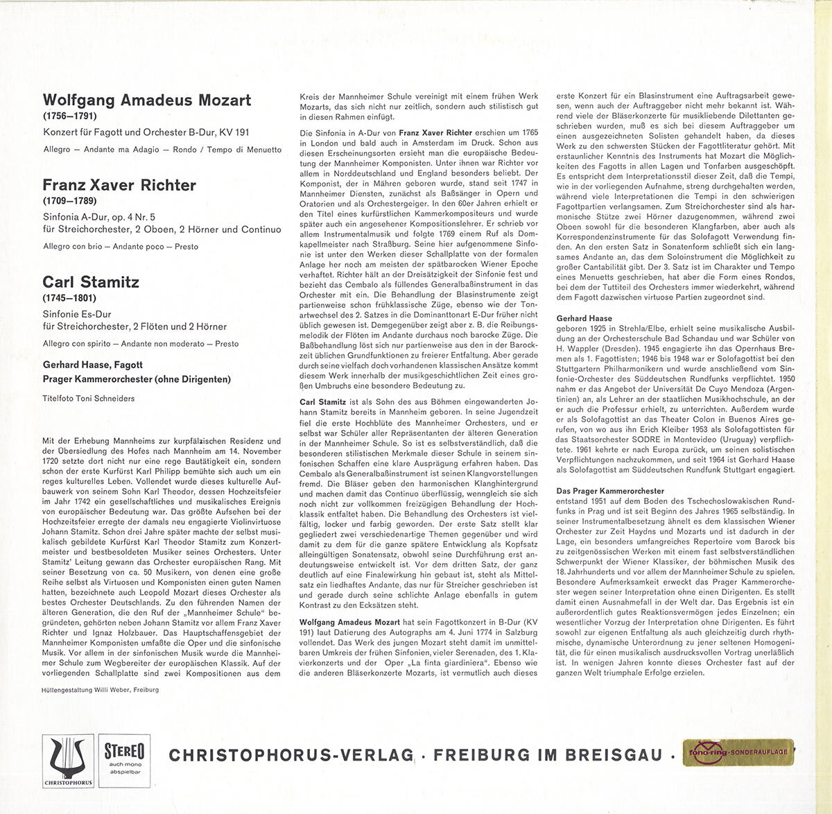 MOZART Bassoon Concerto RICHTER FX Sinfonia 2 Oboes STAMITZ Sinfonia