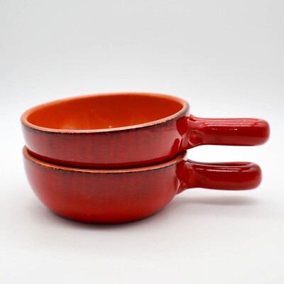 2 De Silva Italian Pottery Terracotta Soup Crocks Bowls w/ Handles Red & Orange