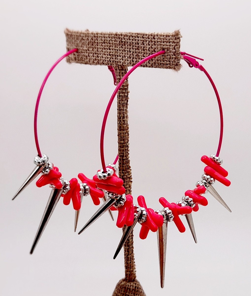 Large boho silver spike cone dangle plastic beaded pink hoop