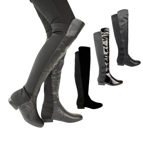 BOTTES FEMMES FEMMES PLATES JAMBES LARGES EXTENSIBLES MOLLET SUR GENOU CUISSE HAUTE CHELSEA TAILLE - Photo 1 sur 8