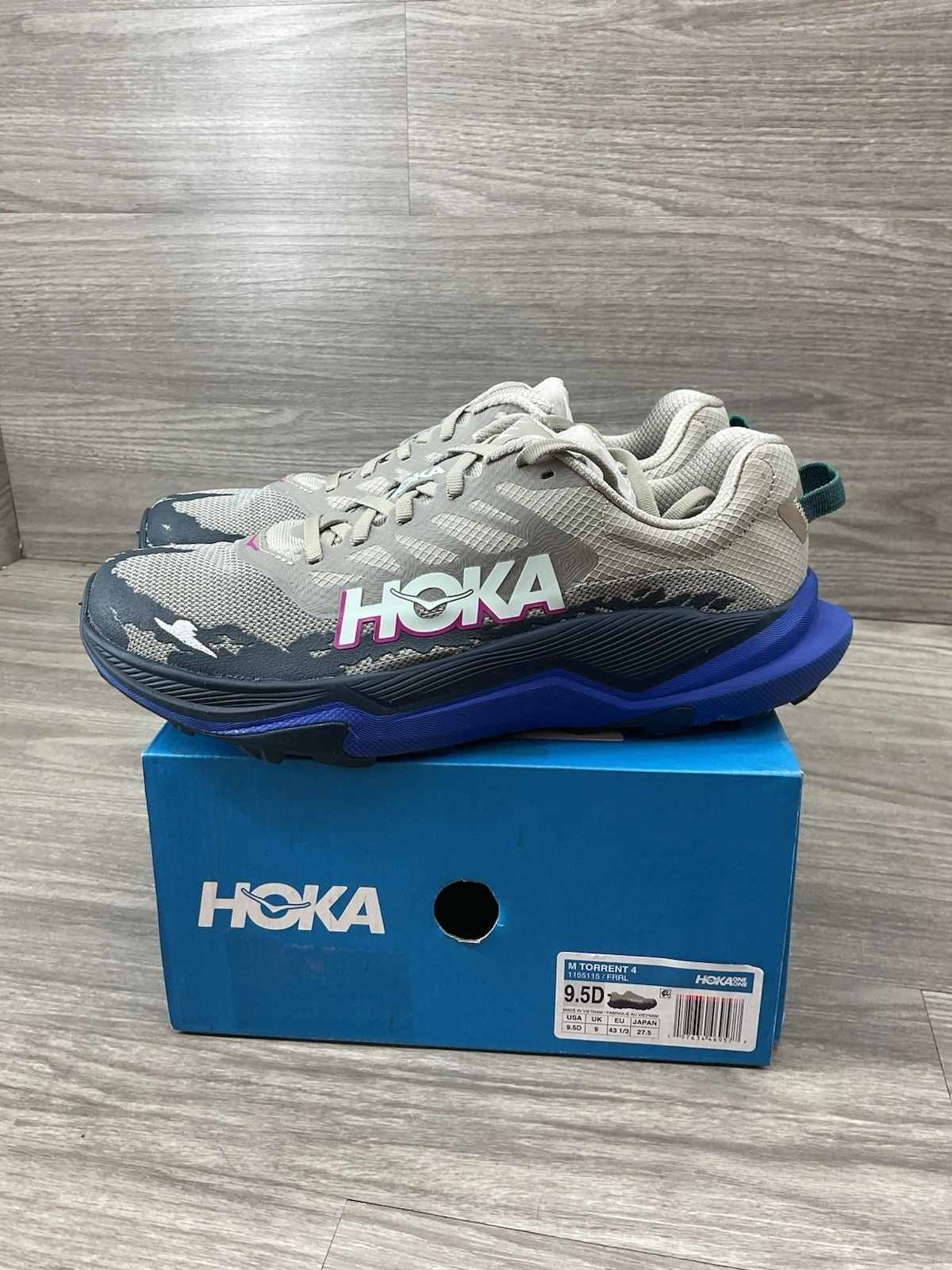 Hoka One One Torrent 4 Men’s Size 9,5 D ‘Farro/Ultramarine’ Trail Running Shoes