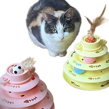 Interactive Tower-Roller Cat Toy With Colorful Balls. Pink or Yellow.