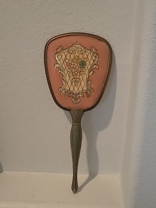 Art Deco Gold Tone Vanity Hand Mirror 13” Long Vintage Pink Floral Design