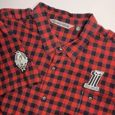 Harley Davidson Mens 3XL Slim Red Buffalo Plaid Button Up Short Sleeve Patches