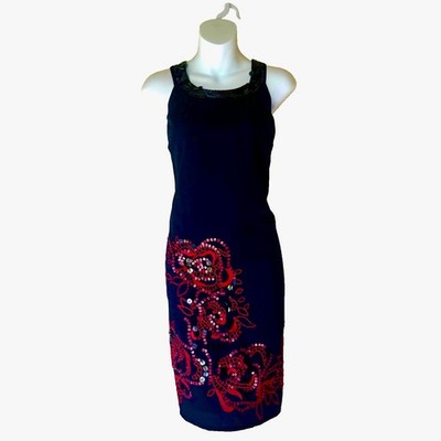 Rocha John Rocha Navy Blue Shift Dress Floral Applique Sequin Detail UK 12 Party