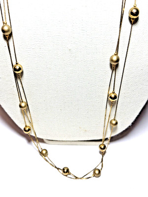 Necklace Station 3 Strands Round Beads Bright Brushed Gold Snake Chain Long 42''