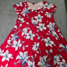Chaps Womens 3X Dress Red Floral Hibiscus Cotton Empire Waist Short Sleeve