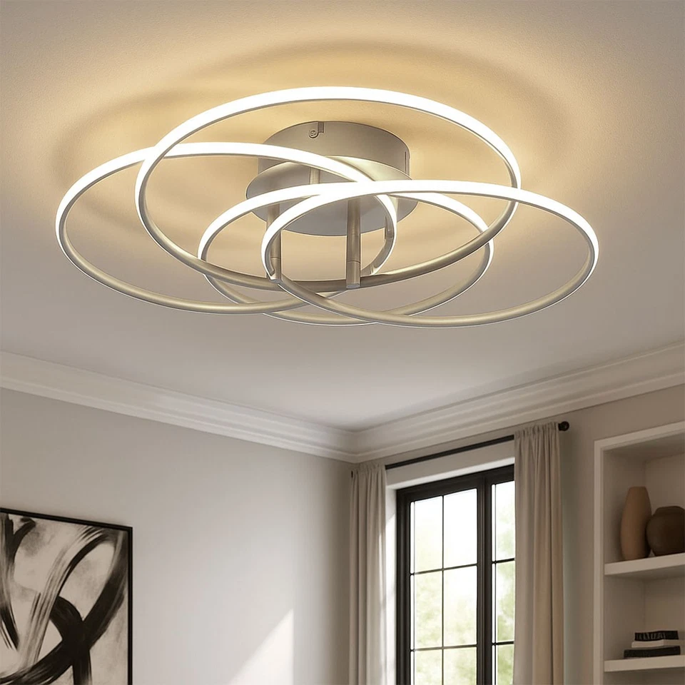 Plafoniera Lampada da Soggiorno Design Argento Alluminio Anelli Regolabile LED - Immagine 4 di 4