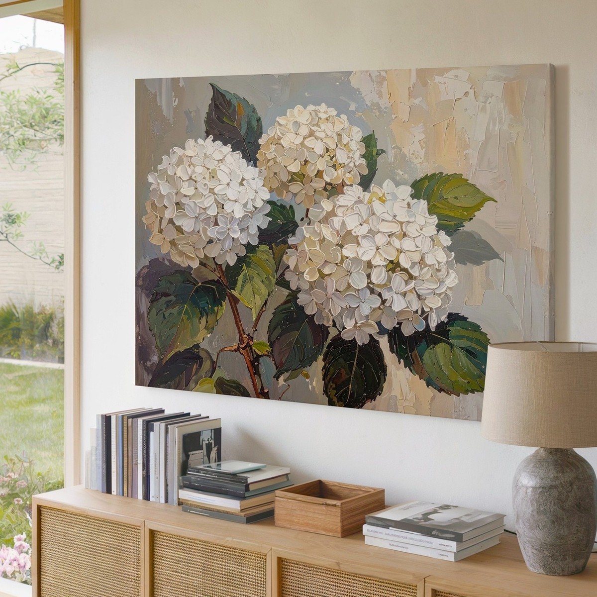 White Hydrangea Texture Canvas Impasto Floral Wall Art In Neutral