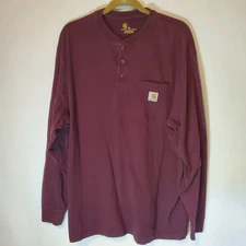 Carhartt Mens XL Maroon Cotton Long Sleeve Pocket Logo Work Henley Shirt