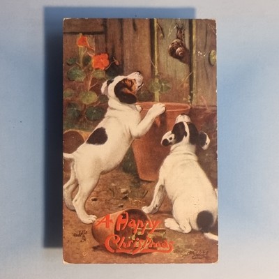 Weihnachts Postkarte um 1910 Wenn Hunde Welpen sind Spaniels Schnecke B Cobbe