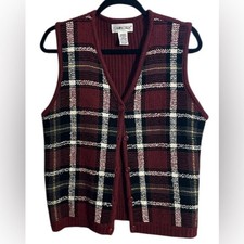 Cabin Creek Vintage Plaid Sweater Vest Burgundy V-Neck Button Front Preppy Med