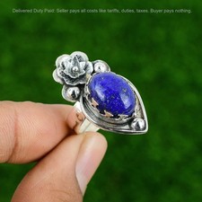 Natural Lapis Lazuli Statement Flower Promise Ring Jewelry 925 Sterling Silver