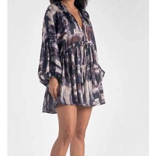ELAN Long Sleeve Print Dress M Blue Marble V-Neck Boho Flowy Mini Coverup Medium