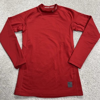 Nike Pro Compression Shirt Men Medium Red Mock Neck Swoosh Lined Long Sleeve Gym
