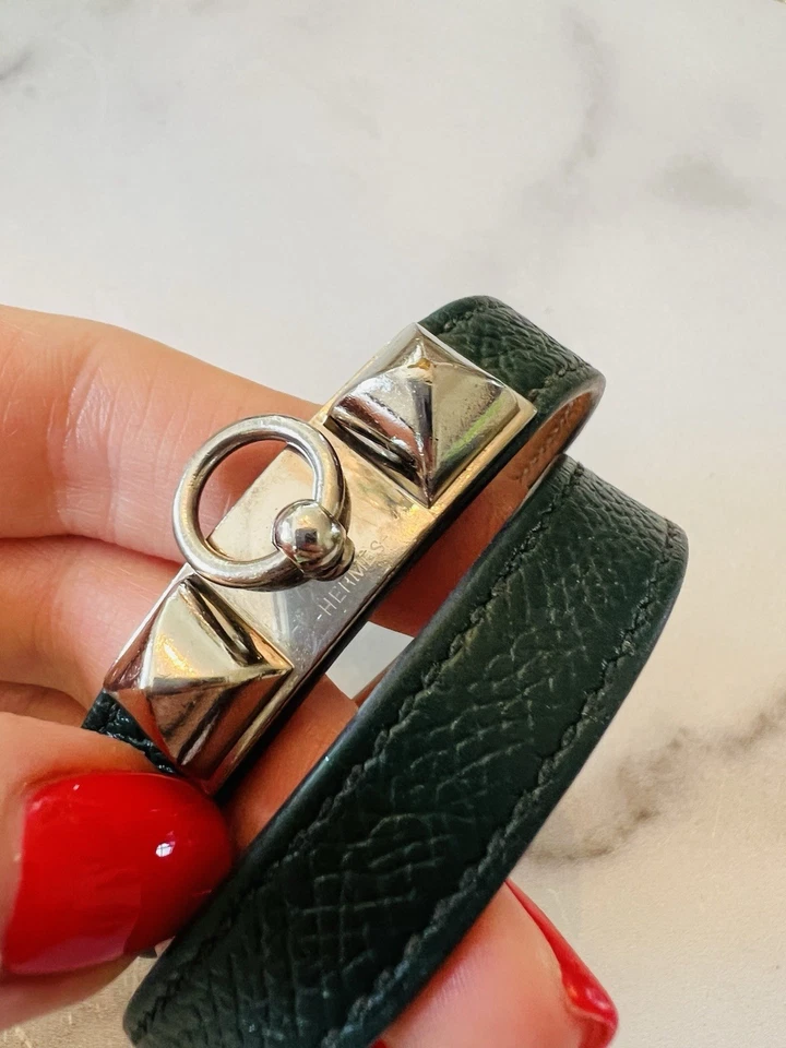 Pulseira Hermes Paris Rivale Tour couro verde folheada a paládio - Imagem 3 de 4