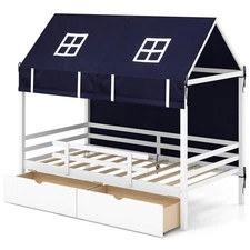 Twin House Bed Solid Wood Playhouse Bed Low Loft Bed with Tent 2 Storage Drawers