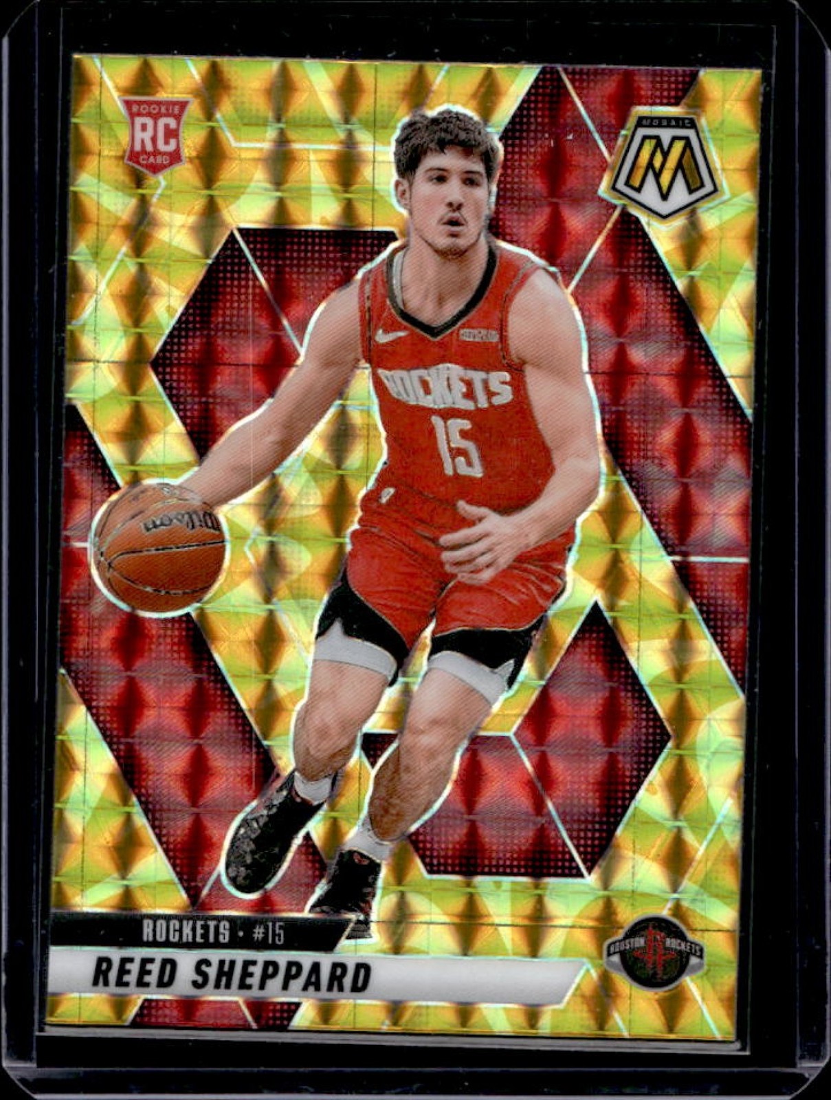 2024-25 Panini Mosaic Reed Sheppard RC Reactive Yellow Mosaic #249 Rockets