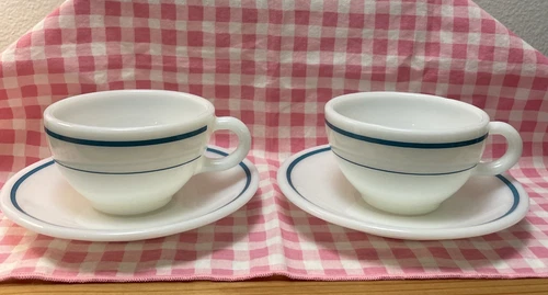 VTG Corning Decor Pyrex TableWare 2 Coffee/Tea Cups 2 Saucers Teal Stripe EUC 