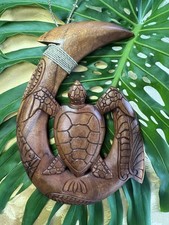 Hawaiian Fish Hook With Turtle Hand Carved Wood Wall Hanging, Medium Size 12h”