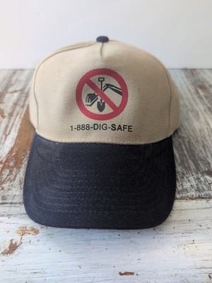 VINTAGE TRUCKERS HAT 1-888-DIG-SAFE BLUE & TAN Clasp Snap Adjustable 