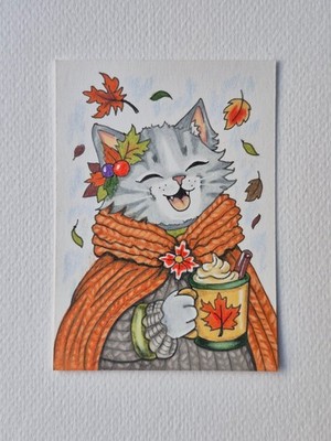 Original Cat ACEO RPG Fantasy Season9 Autumn Art Color Pencil OOAK Hand drawn