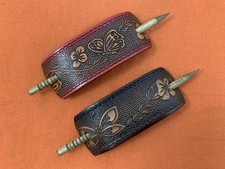 2 Leather Hair Barrettes w Sticks, Ponytail, Butterfly Flower, Handcrafted 208
