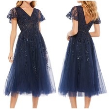 Mac Duggal NWT Midnight Navy Beaded Flutter Sleeve Tulle Tea Length Dress Size 6