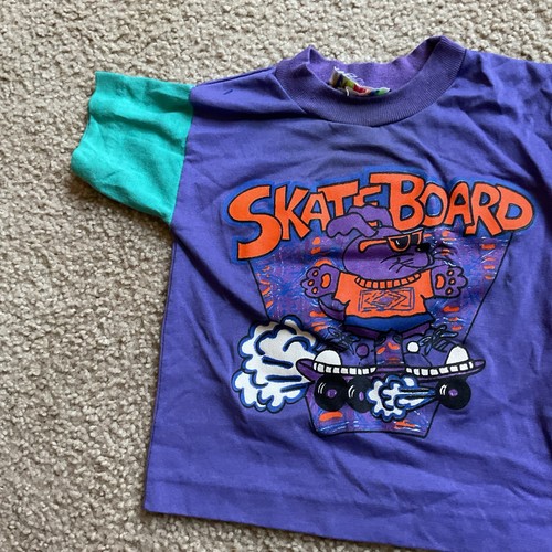 T-shirt skateboard vintage bambino viola turchese coniglietto - Foto 1 di 5