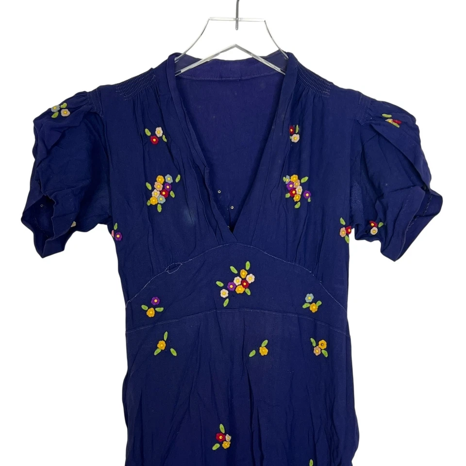 Vestido Floral Vintage Años 60 Azul Marino Con Cuentas DEFECTUOSO Manga Abullonada Boho Mod XS Foto 3 de 4