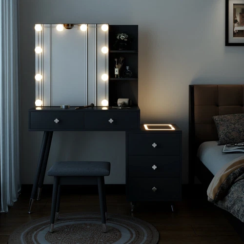 Modern Vanity Set Modern Makeup Table Stool Set with Bulb LED Mirror & Cabinet - Picture 3 of 7