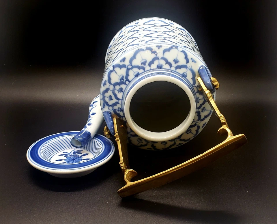 Antique Export Blue & White Teapot with Brass Handle - Image 4 of 4