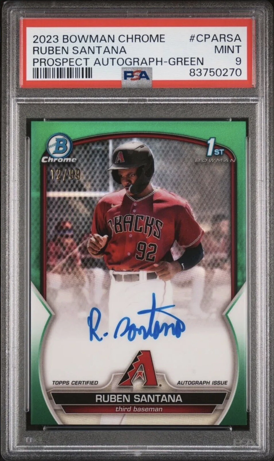 Ruben Santana 2023 Bowman Chrome Auto Green Ref /99 PSA 9 #CPARSA Dbacks HOT!