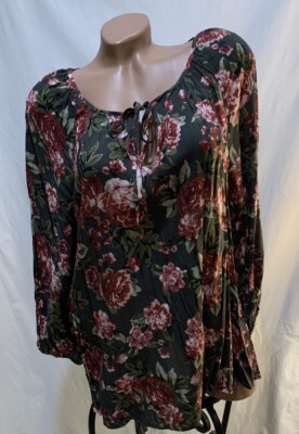  FRED DAVID XL Gather Tie Neck 3/4 Sleeve Blouse Top Rose Floral Green NWT