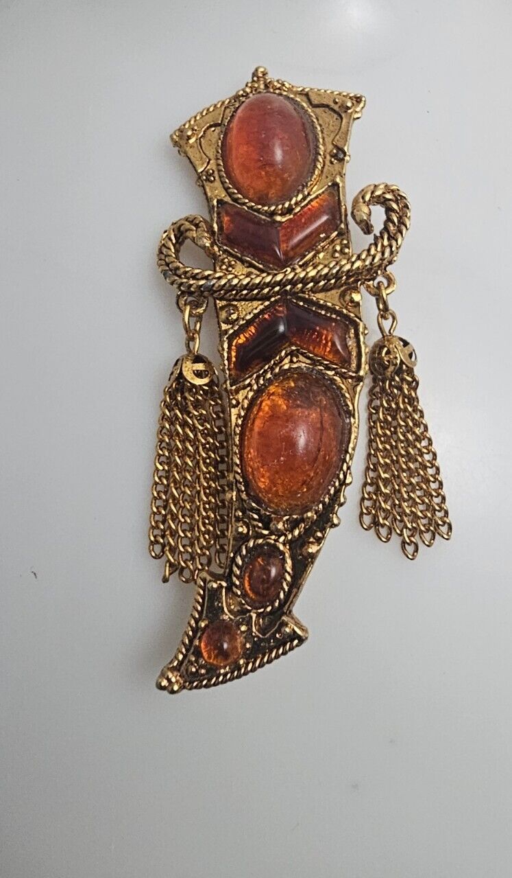 Vintage 1960s Dagger Tassels Amber Cabochon Gold … - image 7