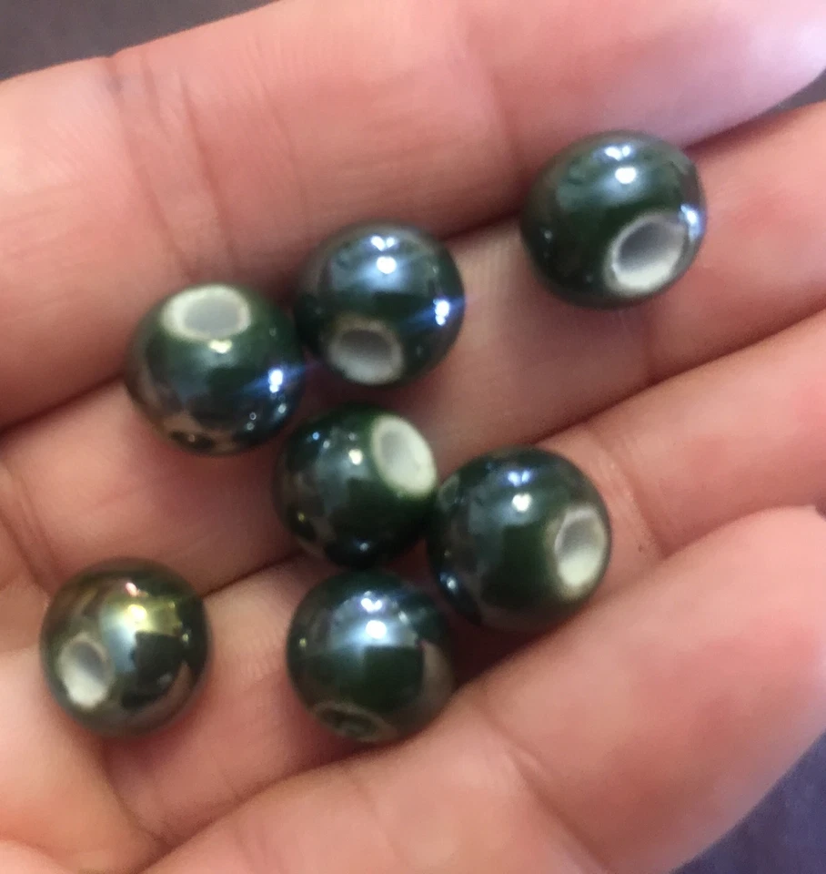 Lote de cuentas Rondell de cerámica esmaltada con brillo de pavo real verde profundo asiático genuino vintage Foto 3 de 4