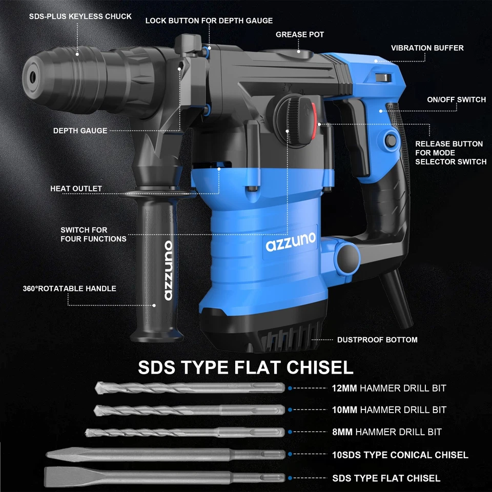 Heavy Duty Rotary Hammer Drill 15 Amp 1-1/4" SDS-Plus 4 Modes Chipping Hammers - Image 2 of 4