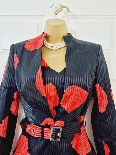 Tom Klaim Womens Dress & Jacket 2 Piece Suit Set UK 8 Red Black Floral Business - Picture 2 of 9