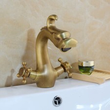 Antique Brass Bathroom Faucet Dragon Dual Handles Deck Mounted Mixer Vanity Taps
