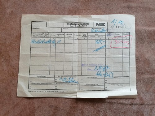Materialentnahmeschein ME über Grundmaterial Kurbelwelle 1987