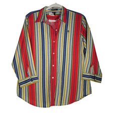 Chaps Blouse Womens Size M Blue Yellow Red Stripe Linen Cotton Blend