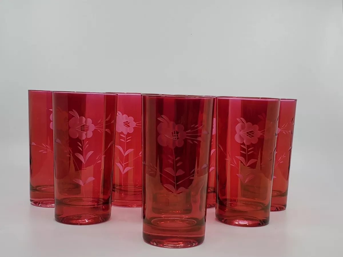 8 Vintage Federal Etched Bohemian Cranberry Ruby Red Glassware Drinking  Glasses