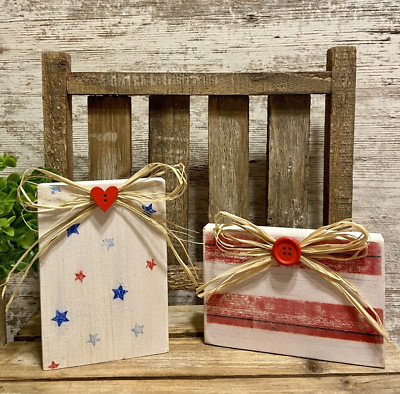 Patriotic Wood Block USA Tiered Tray Decoration 2 pc Red White Blue Summer