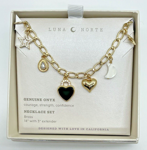 Luna Norte goldfarbene echte Onyx CZ Charm Halskette 18" Neu im Karton