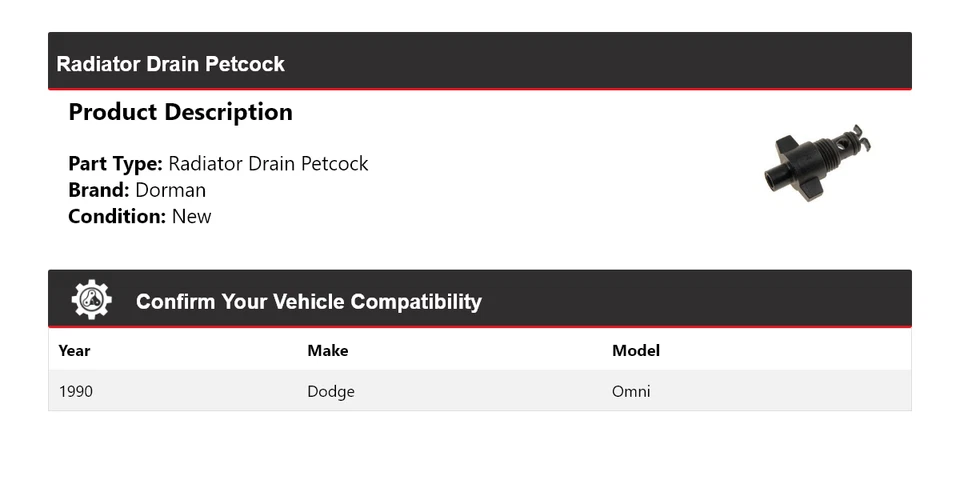 Dodge Omni Dorman 1990 llave de drenaje de radiador Foto 2 de 4
